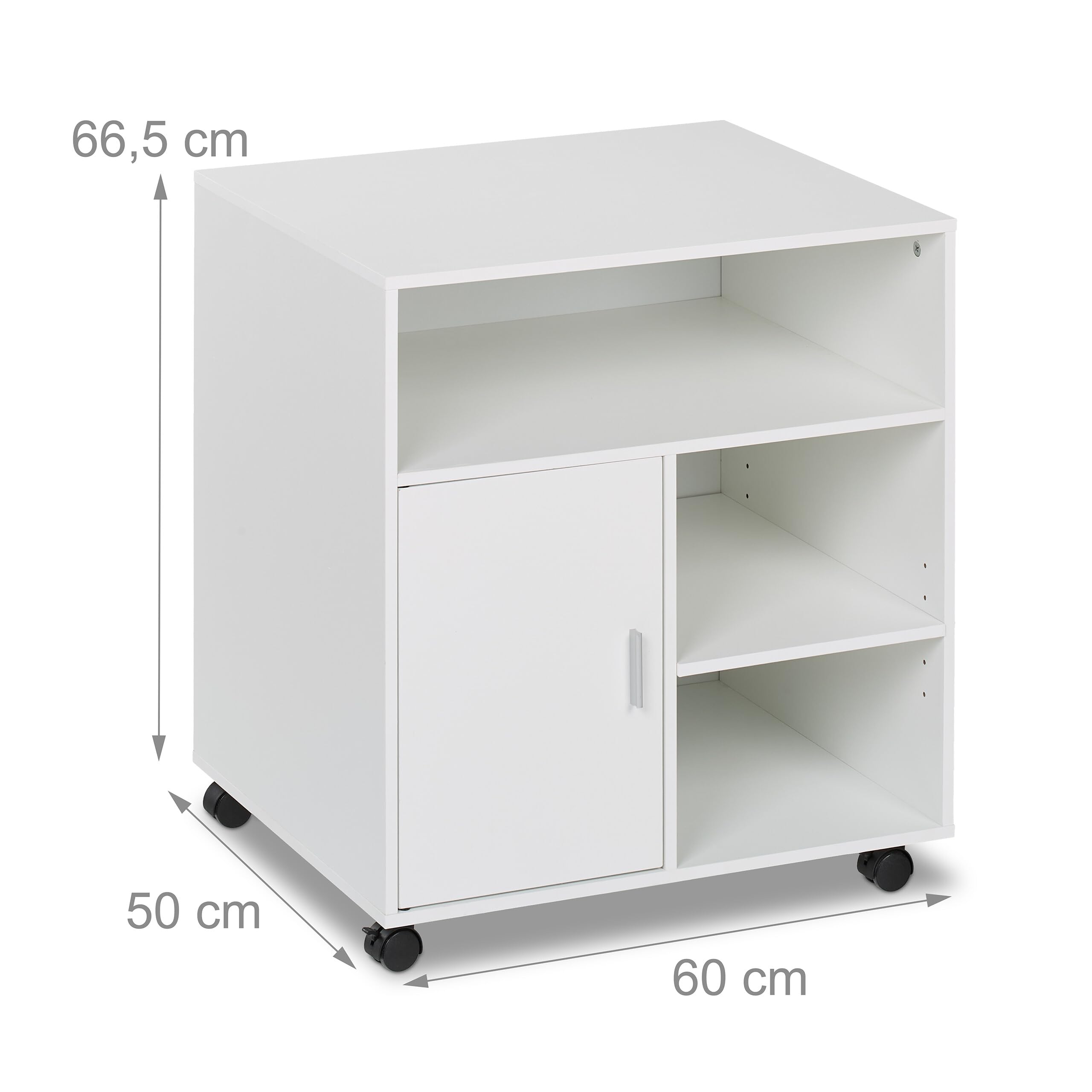 Relaxdays Mesa Impresora con 5 Cajones y Puerta, Cajonera Oficina con Ruedas, Mueble Despacho, 66,5 x 60 x 50 cm, Blanco