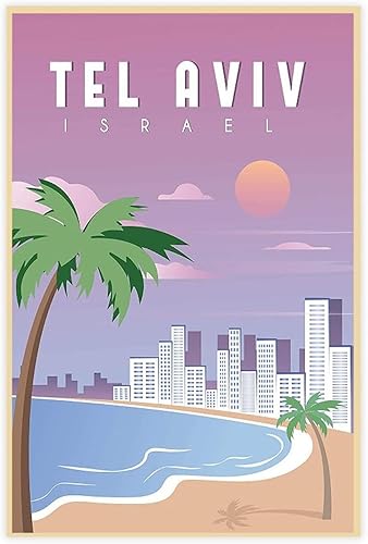 MISUK Póster de viaje retro vintage de Israel de Tel Aviv, póster de lienzo para decoración de dormitorio, paisaje deportivo, oficina, habitación,