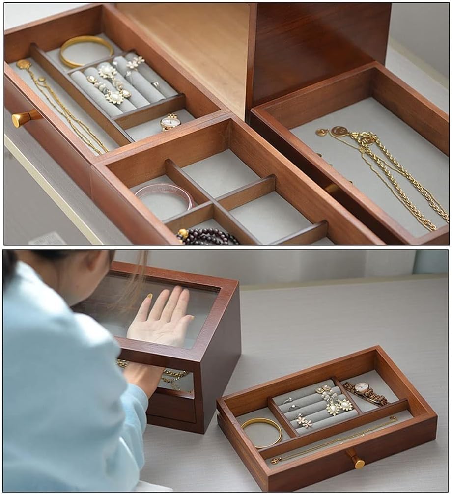 Jewelry Box, Jewerly Box Jewelry Box Organizer for Women Girls Wooden Three-Story/Two-Story Display Cabinet with Glass Portable Jewelry Case Storage Jewelry Box for Women(A) (B)