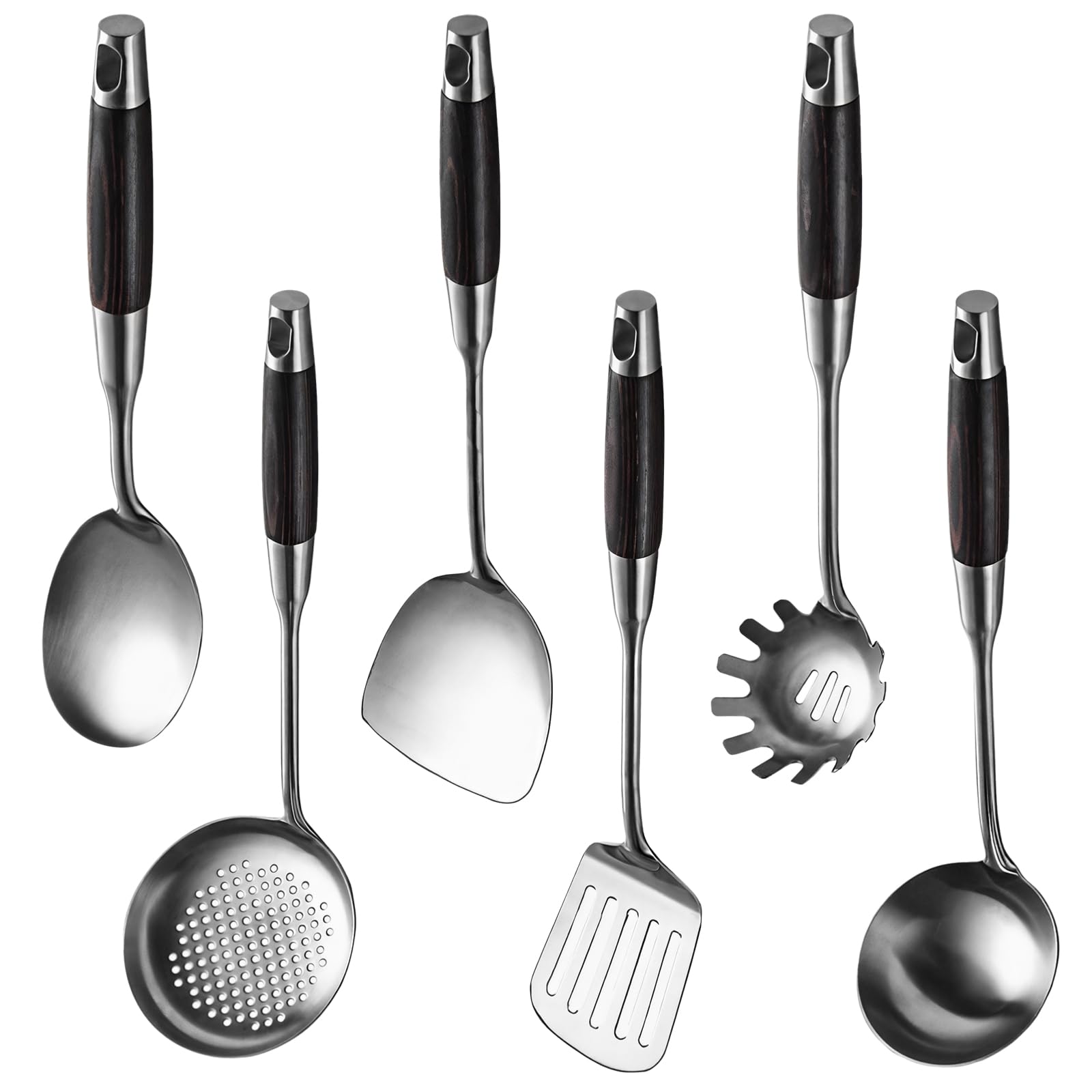 Küchenhelfer-Set, 6-teilig, Edelstahl mit schwarzen Holzgriffen, Antihaft-Löffel für alle Kochflächen