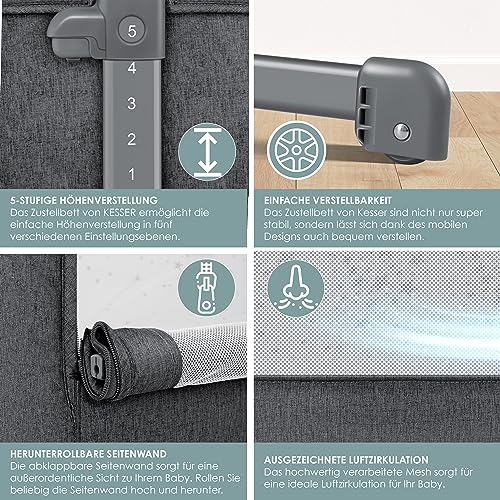 KESSER® Zustellbett Hubi 3in1 Baby Beistellbett Reisebett Babybett mit weich Matratze mit Rollen Kinderbett 5Fach Höhenverstellung Faltbare Seitenwand für Zuhause und Unterwegs + Spanngurt Dunkelgrau