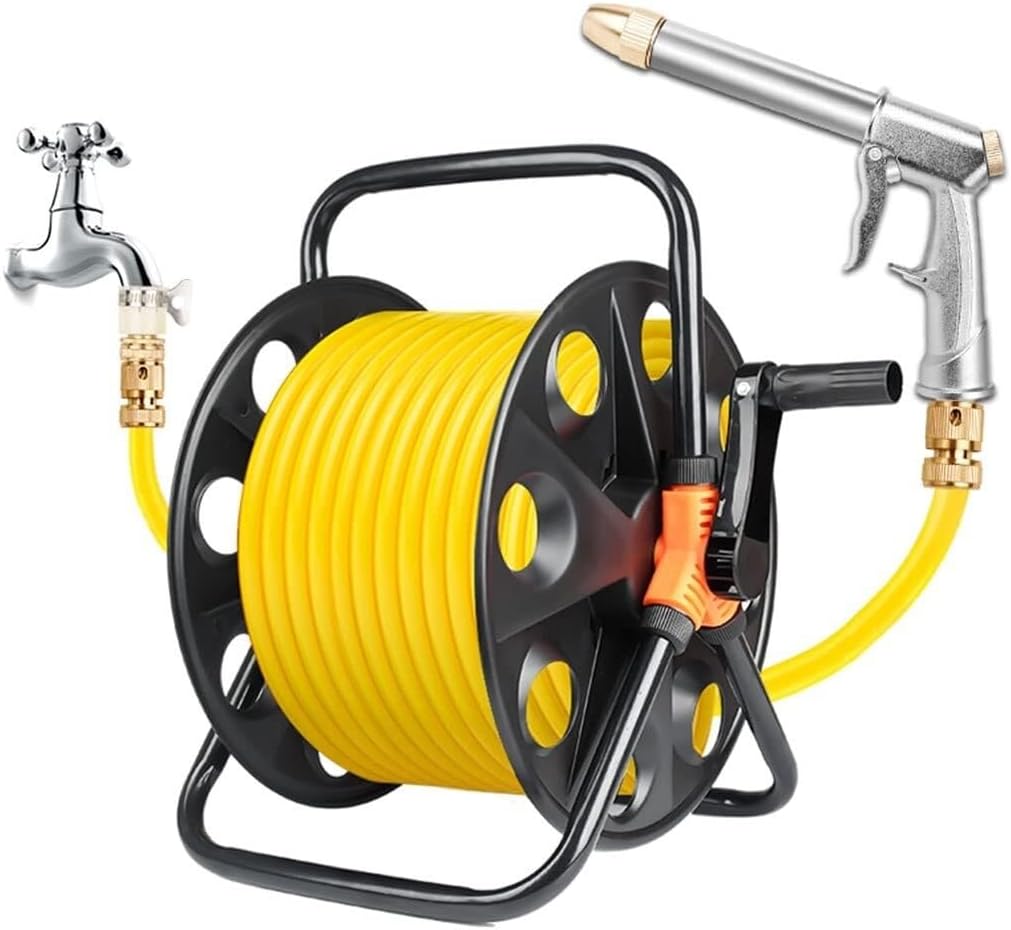 Portable Hose Reel Cart with 30m PVC Water Pipe, Wall-Mounted & Floor Use Water Hose Organizer, Leak-Proof Metal Spray Gun, Garden Tool (Black)(Hose Cart+25m Pipe)