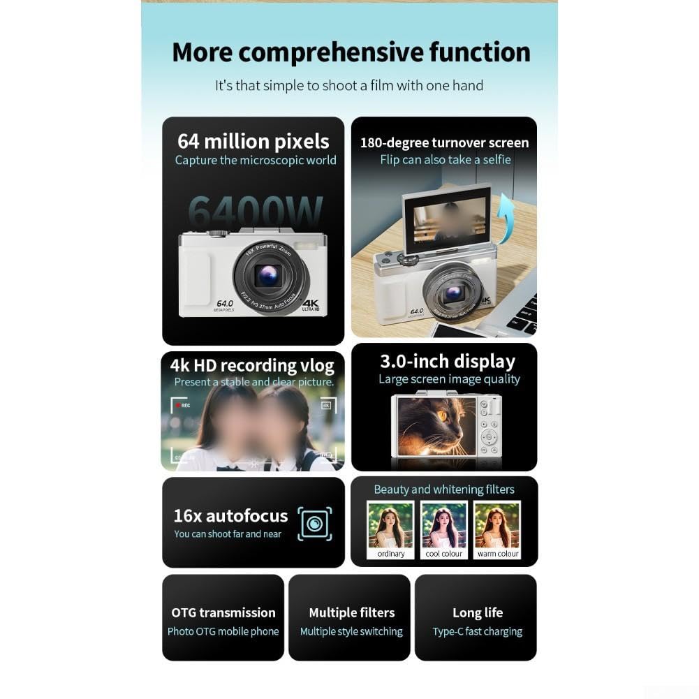 Aparat do vlogowania 4K 64 MP Flip Screen Selfie (czarny)