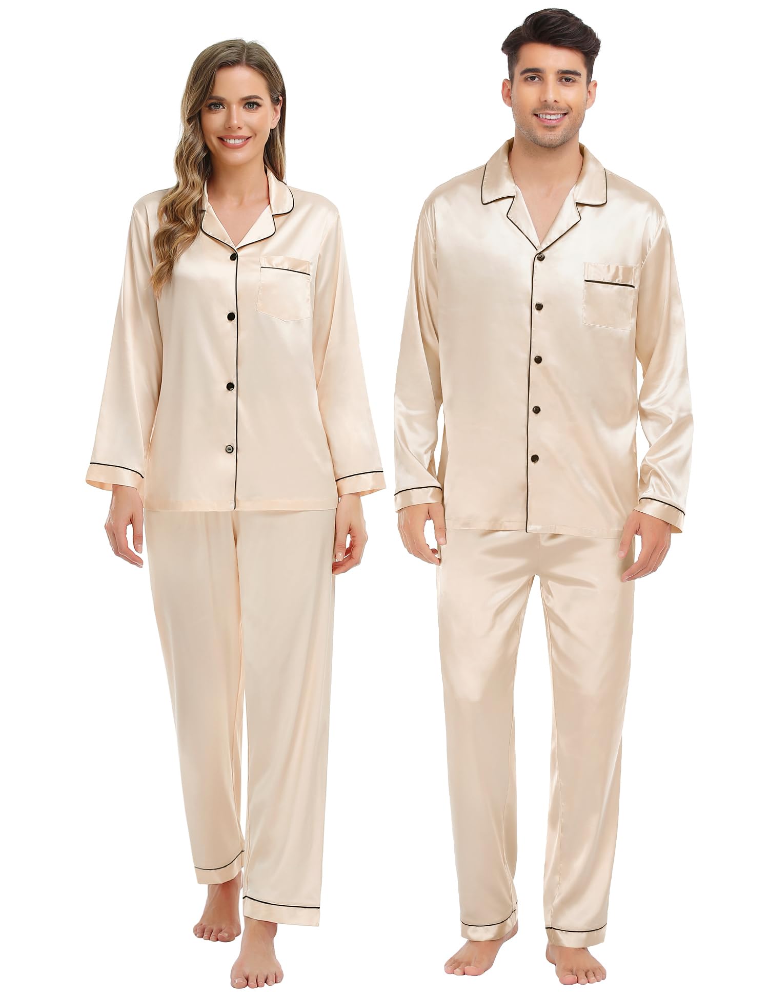 SWOMOGFamily Matching Pyjamas Set Silk Satin Button Down Sleepwear Long Sleeve Nightwear 2 Pcs Pj Set