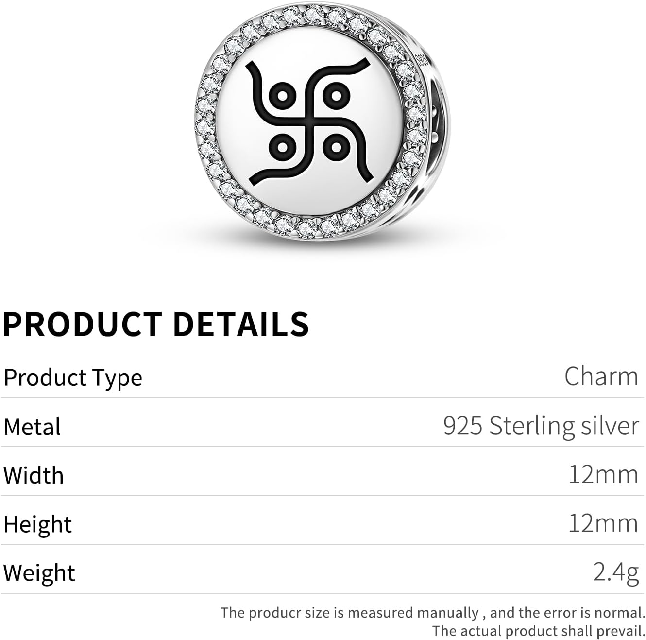 Hindu Swastika Hindu 925 Sterling Silver Totem Symbol Charm Bead Spiritual Sigil Emblem Pendant DIY Jewelry Beads Compatible with Original Charm Bracelets