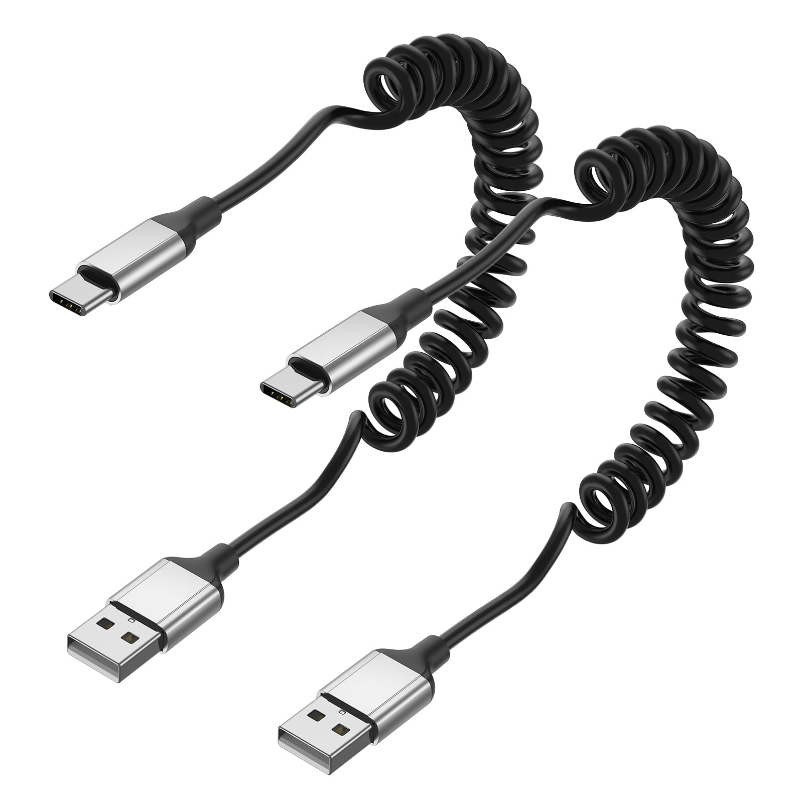 Spiralkabel USB A auf USB C, 2 Stück Kurzes USB C Kabel Schnellladekabel Android Auto USB Ladekabel Typ C Datenkabel für Samsung S23 S22 S21 S10 S9 S8 S7, Xiaomi, Huawei - Schwarz