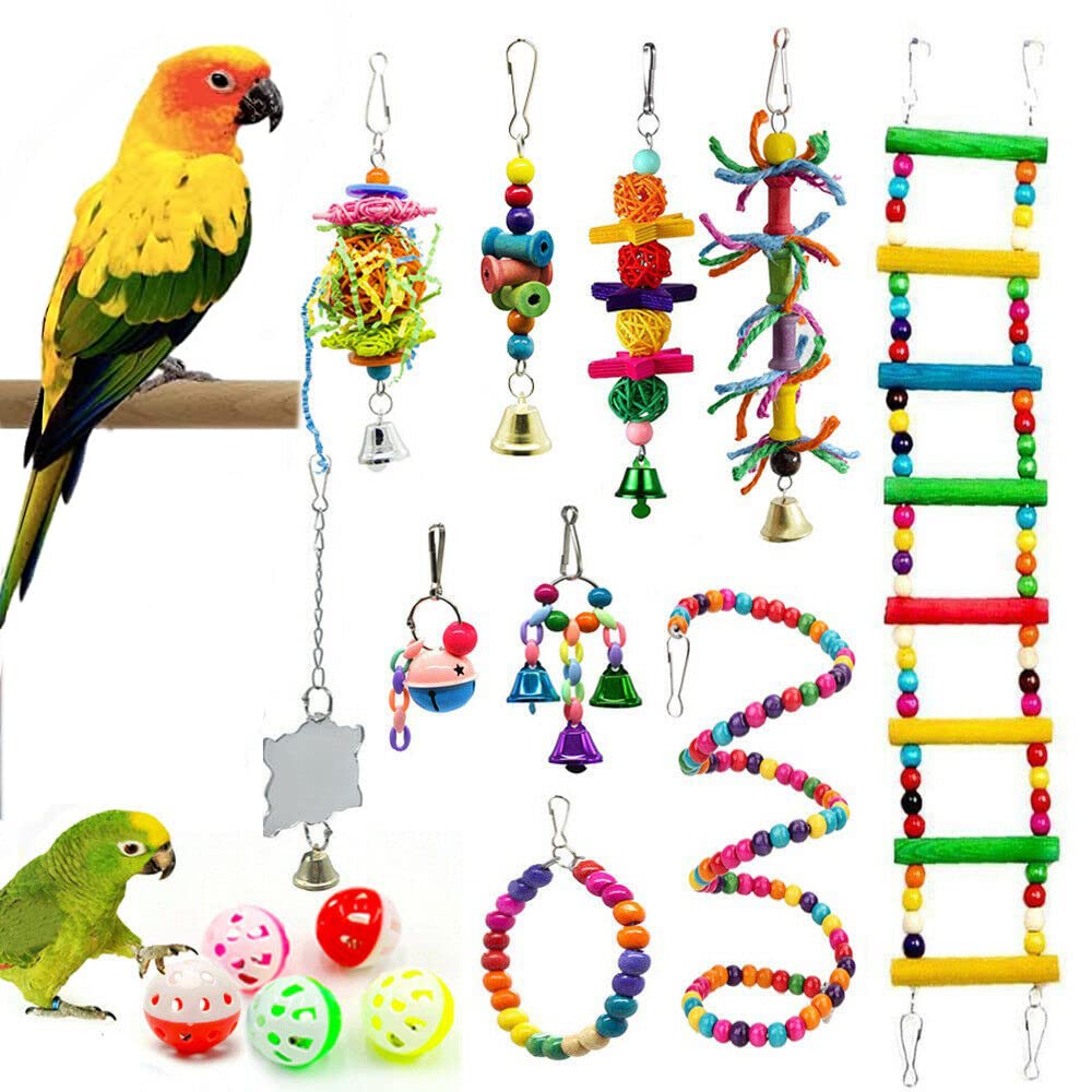 Beauenty 15 Packs Bird Parrot Swing Chewing Toys Hanging Perches with Bells Finch Toys for Parrots, Parakeet, Conure, Cockatiel, Mynah, Love Birds