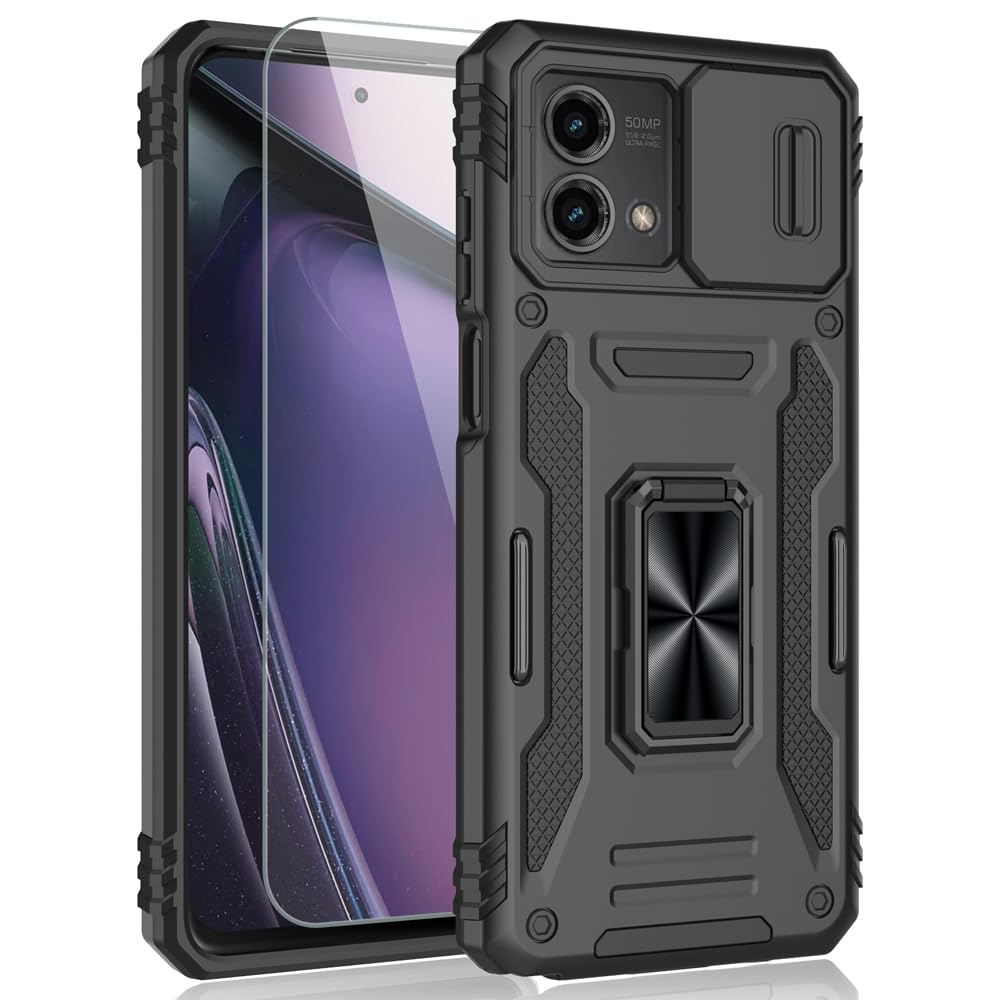 SYONER for Moto G Stylus 5G 2023 Case with Tempered Glass Screen Protector, Shockproof Phone Case & Sliding Camera Cover & Ring Holder Kickstand for Motorola Moto G Stylus 5G 2023 [Black]