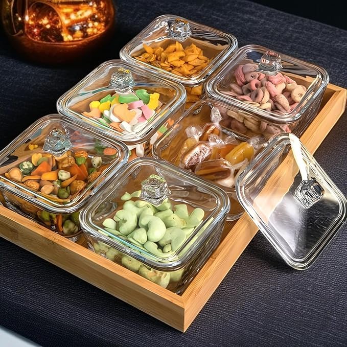 Image of 275ml Glass Dry Fruit Serving Bowl Set of 6 with Glass Lids & Bamboo Tray | Snack, Mukhwas, Namkeen, Candy Storage Containers | Transparent Fancy Serveware for Dining Table