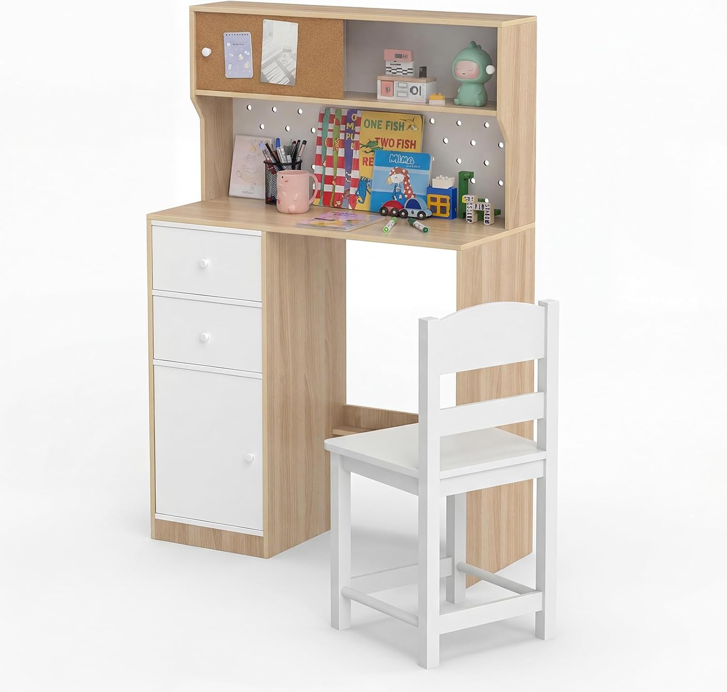 GYMAX Kids Desk and Chair Set, Children Writing Table with 2 Drawers, Pegboard, 2 Storage Cabinets and Bulletin Board, Wooden Study Desk Set for 4-7 Years Old (Natural + White)