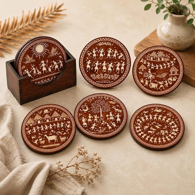 Sawriya Seth Warli Art Wooden Tea Coasters Set of 6 with Stand – 3mm Thick Handmade Tribal Design Coffee Coasters for Table Protection | Ethnic Indian Decorative Coaster Set for Tea Cups, Coffee Mugs-image-22