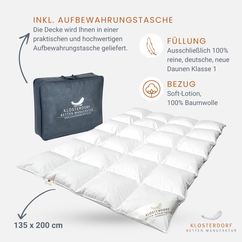 Klosterdorf Bettenmanufaktur Premium Sommerdecke - ''Heimatliebe'' - 135x200 cm - 220 Gramm - EXTRA LEICHT - Daunendecke - Bettdecke - Handarbeit aus Deutschland - Für einen gesunden Schlaf