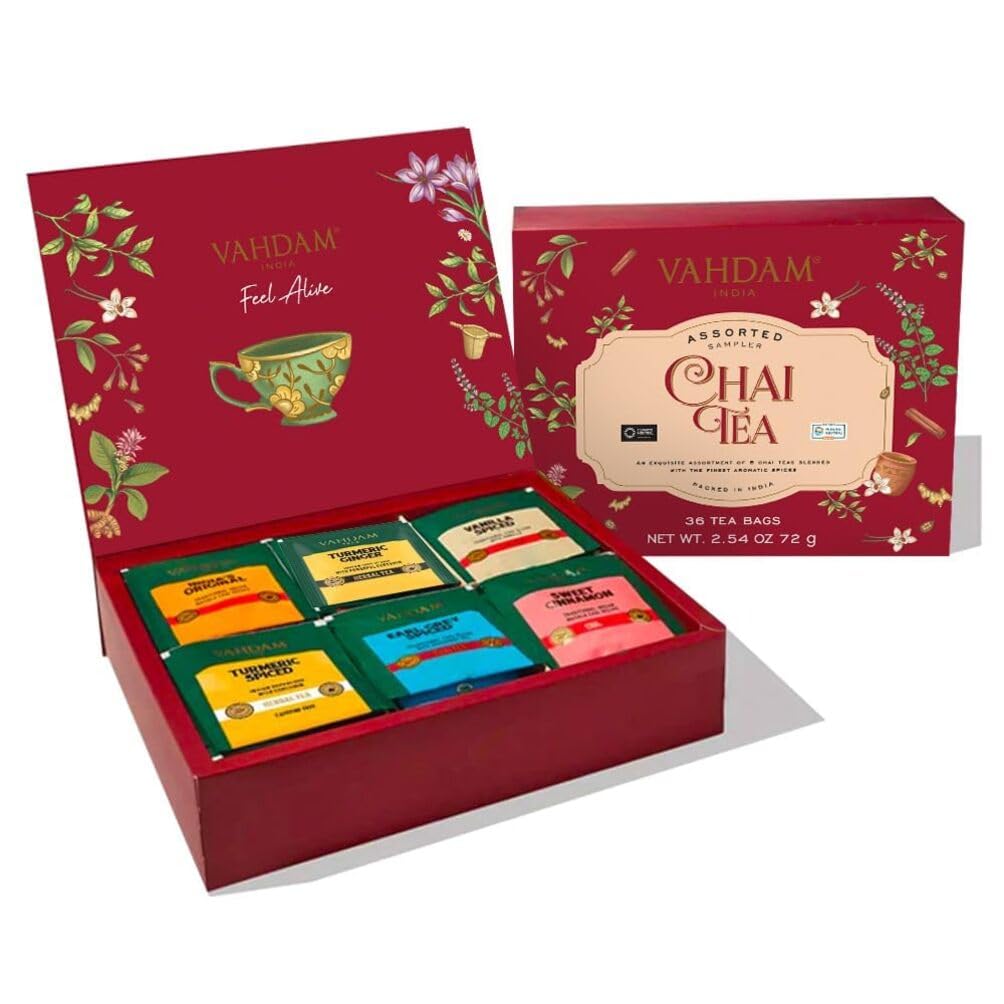VAHDAM Assorted Chai Tea Variety Pack (6 Delicious Flavors, 36 Eco Friendly Pyramid Teabags) Caffeinated, Gluten Free, Non GMO | Indian Masala Chai Tea Blends | Fathers Day Tea Gifts