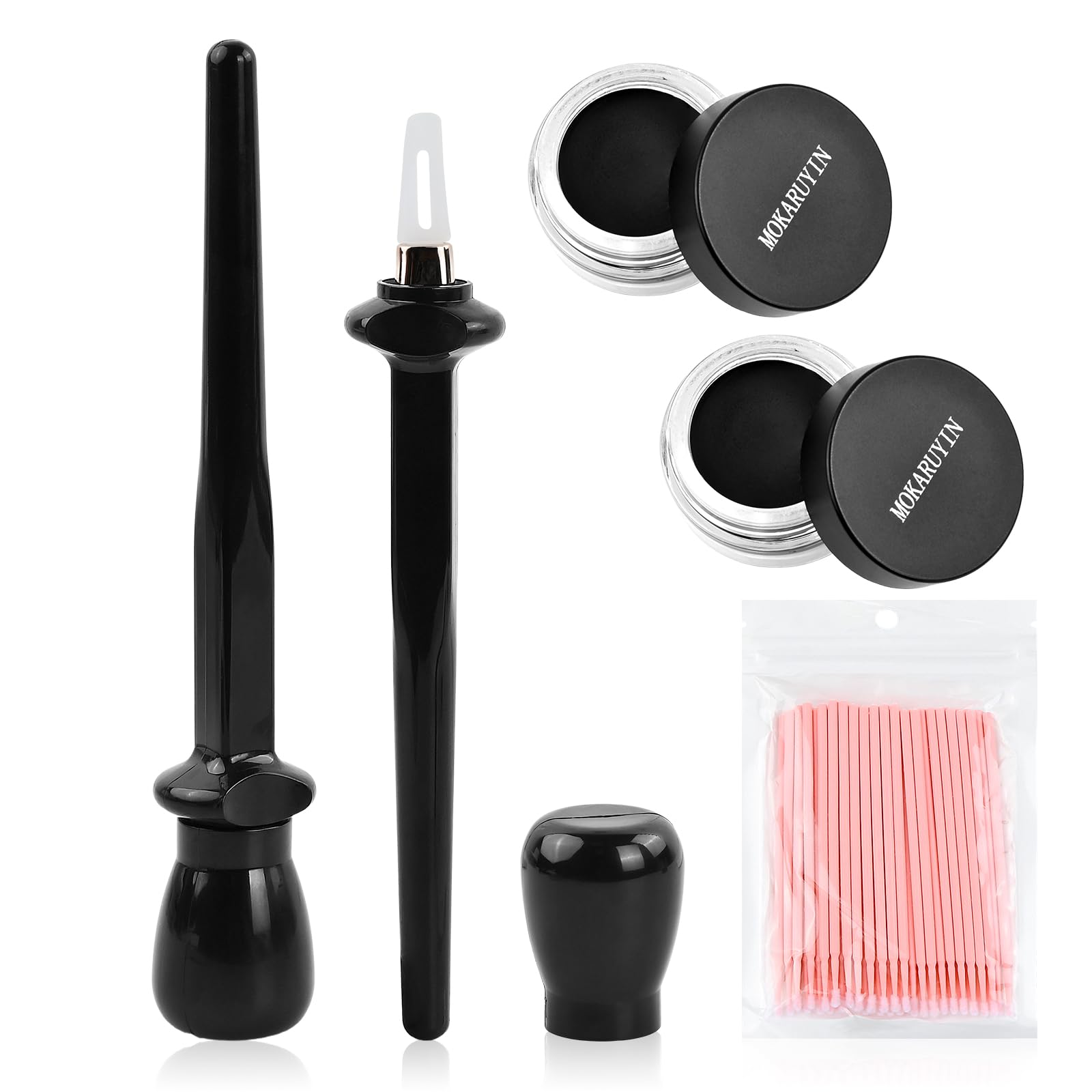5-częściowy zestaw szablonów do eyelinera, narzędzie do makijażu oczu, wielokrotnego użytku, silikonowy eyeliner, szablony z 2 butelkami czarnego eyelinera i 50 patyczkami higienicznymi dla