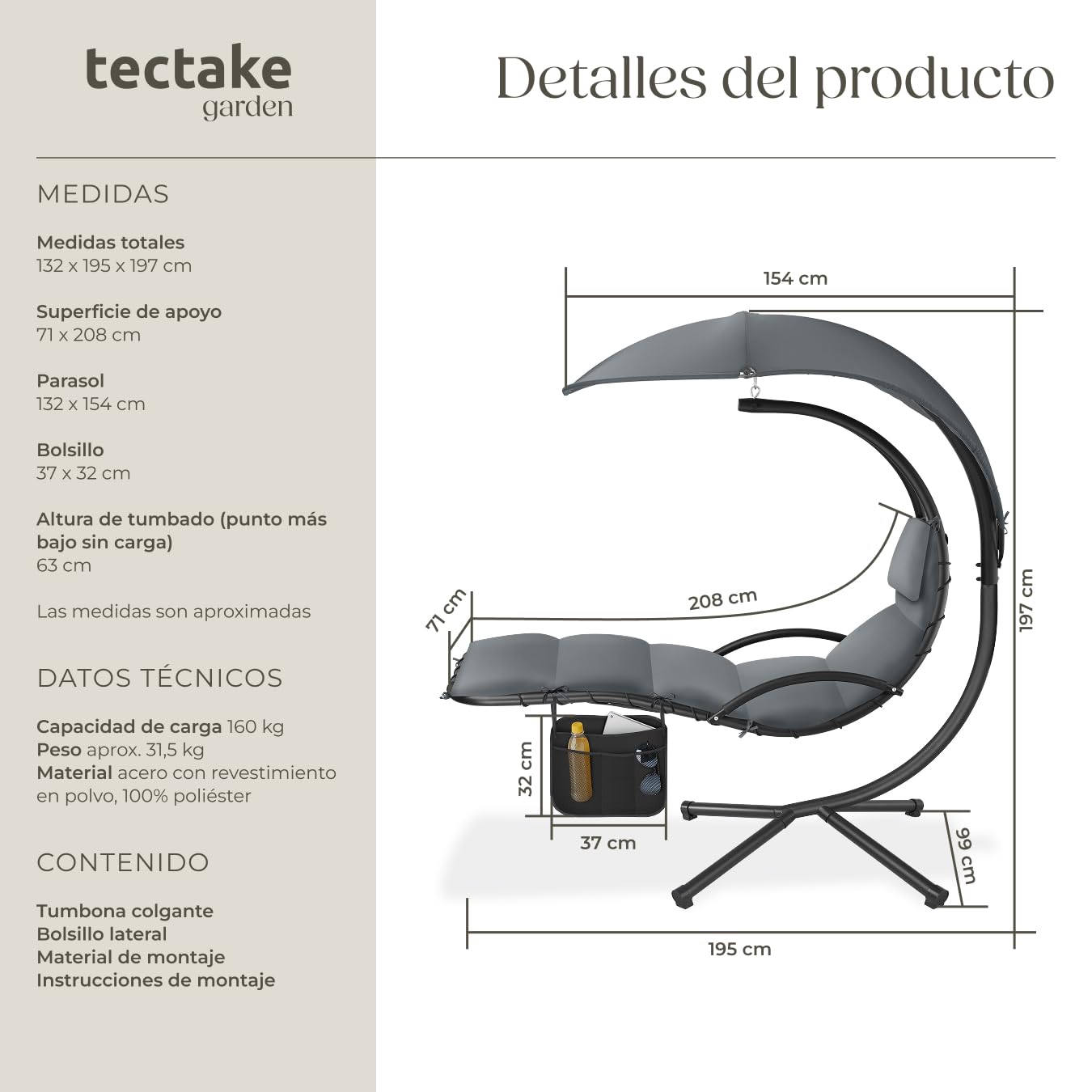 tectake® Columpio Jardín Exterior, Silla Colgante con Toldo Protección UV, Sillón Balancín con Estructura Robusta y 4 Pies en la Base, Hamaca Colgante Interior y Exterior, Ergonómica - Negro/Gris