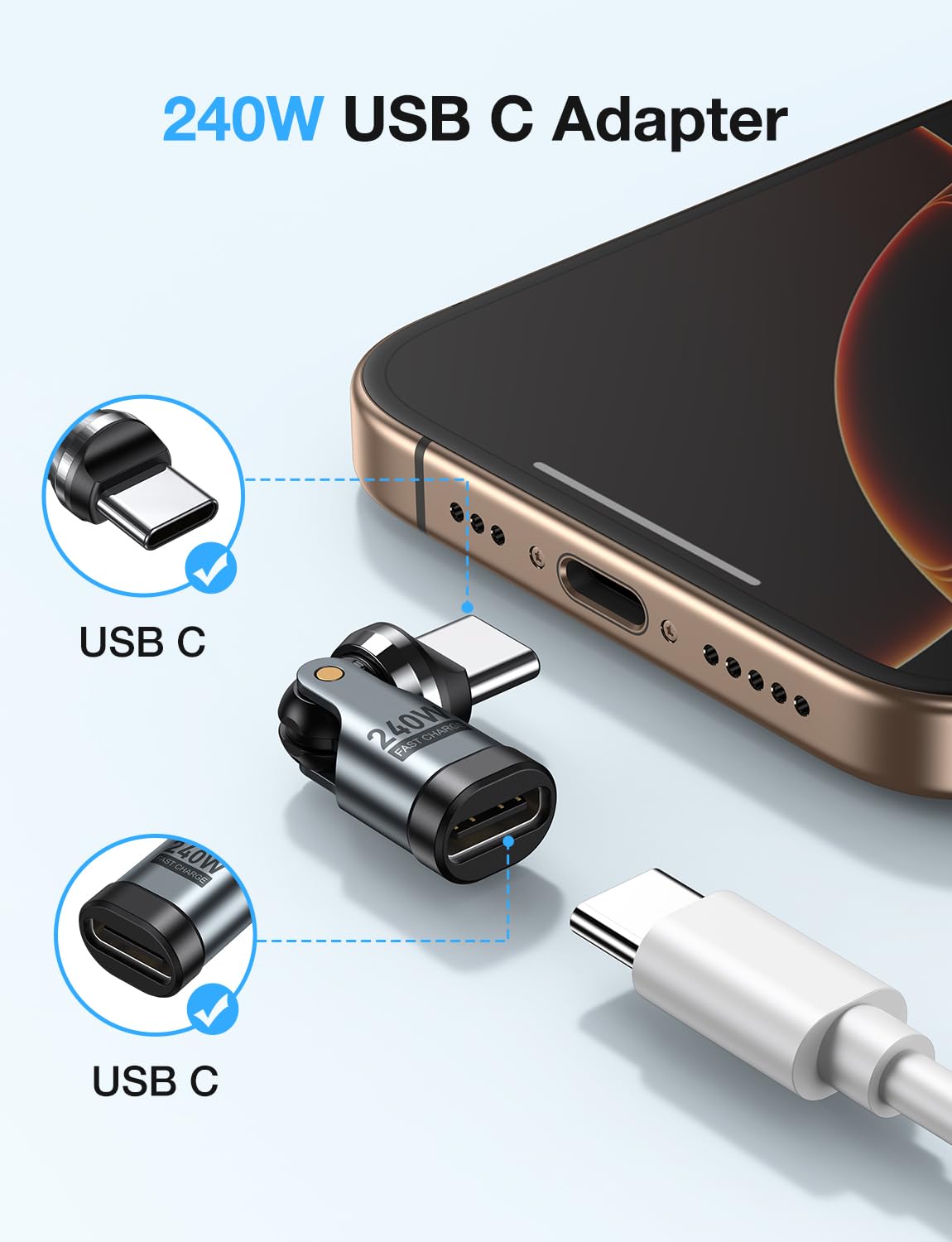 C To Usb Adaptor AUFU 240W USB C Adapter, 540° Rotation USB C 90 Degree ...