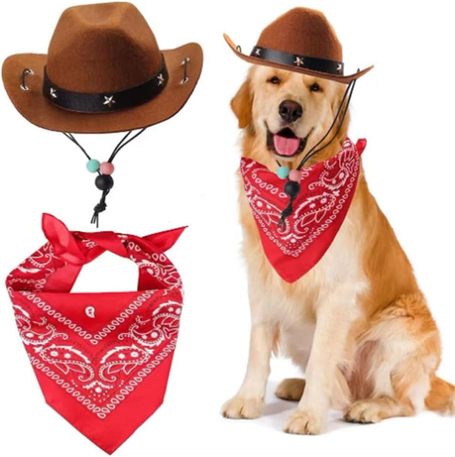 2PCS Classic Pet Cowboy Hat Dog Fashion Western Cowboy Square Scarf Unique Cowboy Style Western Cowboy Pet Theme Birthday Party Clothing Accessories Dog Gift (Brown)
