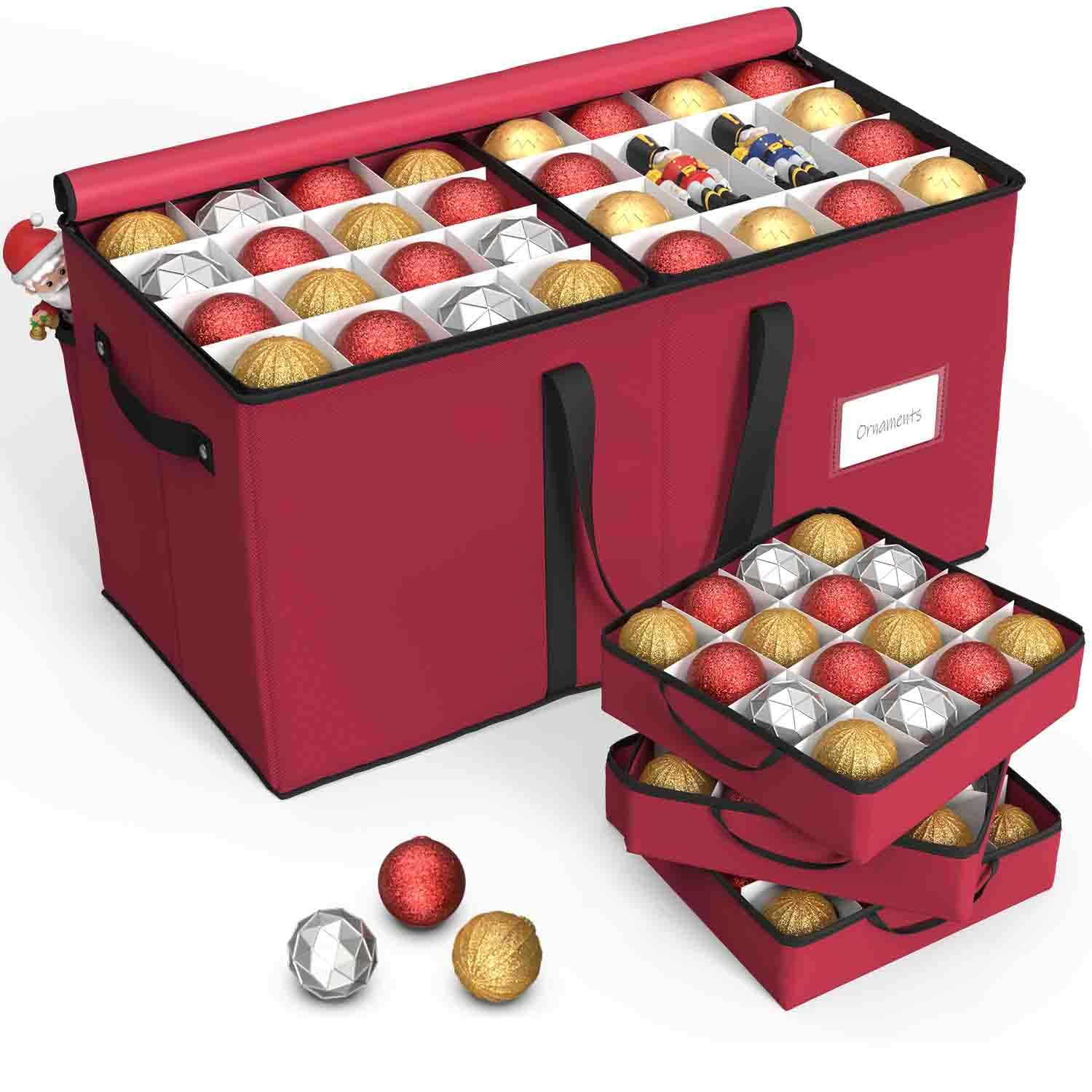 Sunvigor Christmas Ornament Storage Box with 8 Trays, Fits 128 Holiday Ornament Christmas Storage Container with Adjustable Dividers, Dual Zippers,