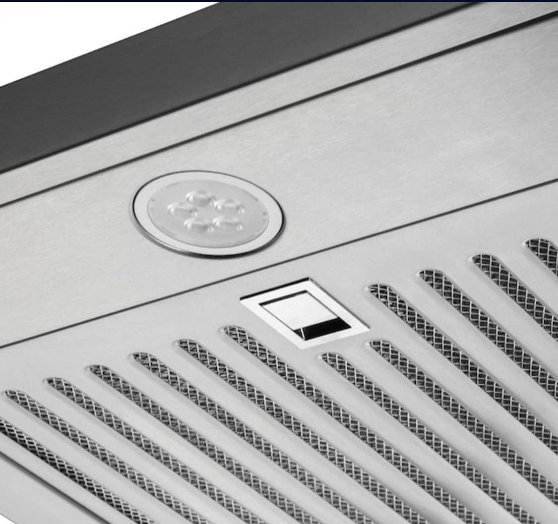Close-up of the LED lights on the Vissani Range Hood, illuminating the cooking area.