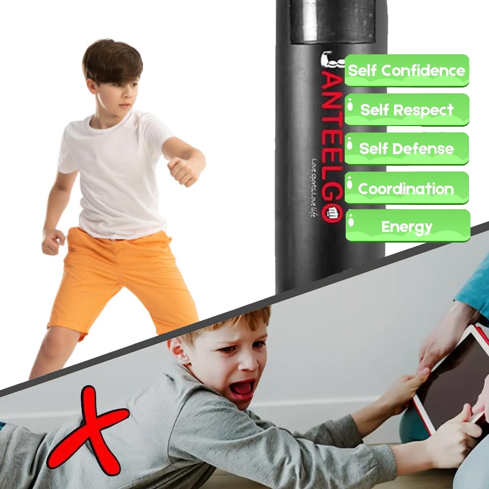 Sacco da Boxe da Terra con Guantoni da Boxe: JanTeelGO 150cm Sacco Box Bambino Allenamento Boxe - Punching Ball Bambini e Ragazze Età 3-12 per Praticare Karate, Taekwond