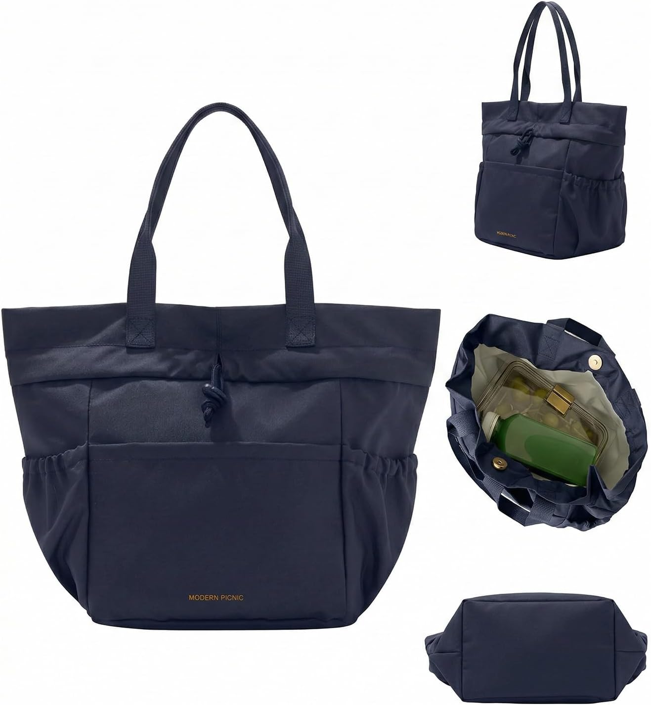 Modern Picnic x FabFitFun Lunch Bag for Women, Drawstring Lunch Bag for Women, Easily Wipeable, Stain-Resistant, Leak-Resistant, Cinch Closure Lunch Bags for Work/Office/Outdoor - Navy