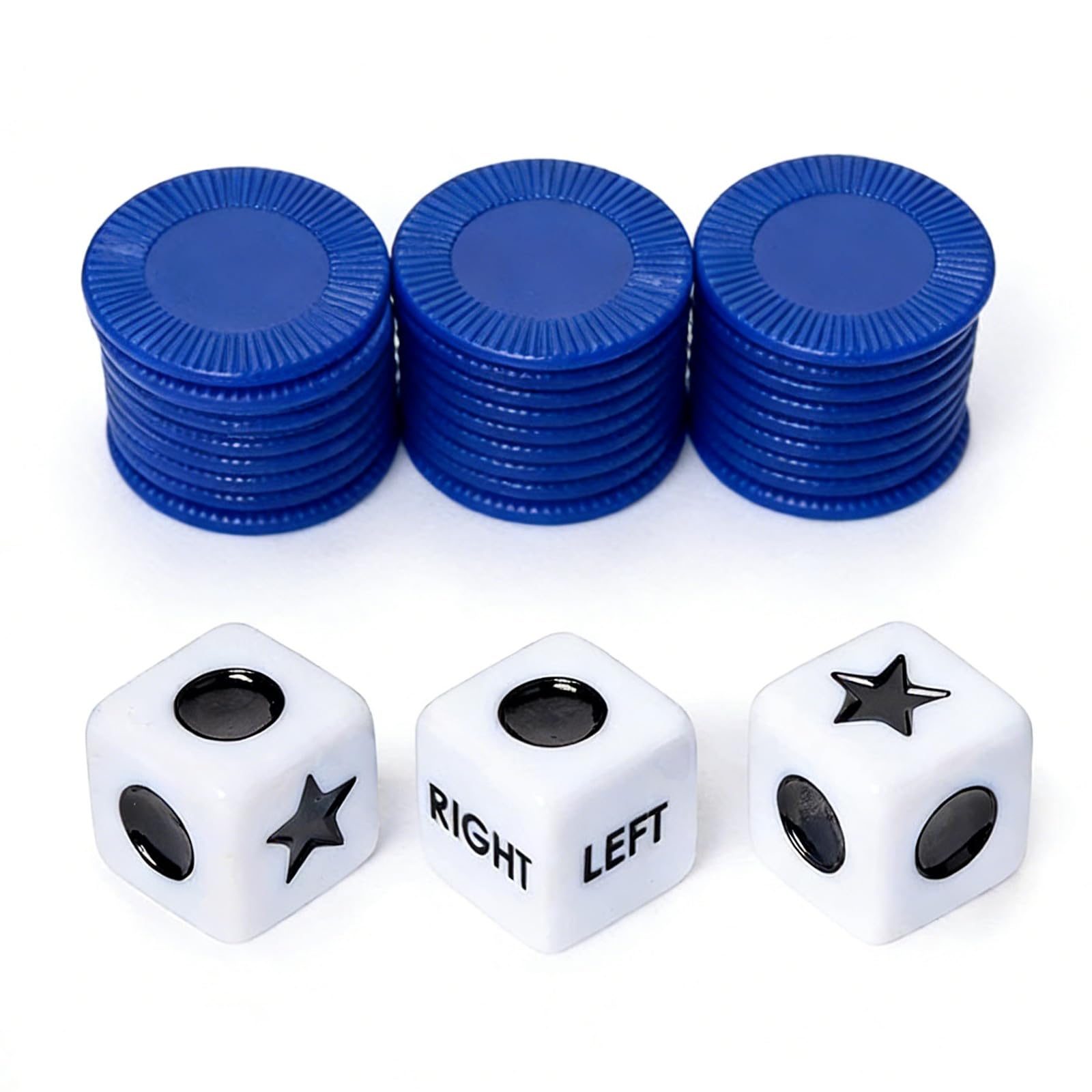 Blue Left Right Centre Dice Game, 6 Sided Round Corner With Dices Bingo Chips Set, Left Centre Right Dice Game Set, with 3 Dices and 24 Chips for Camping Party Picnic