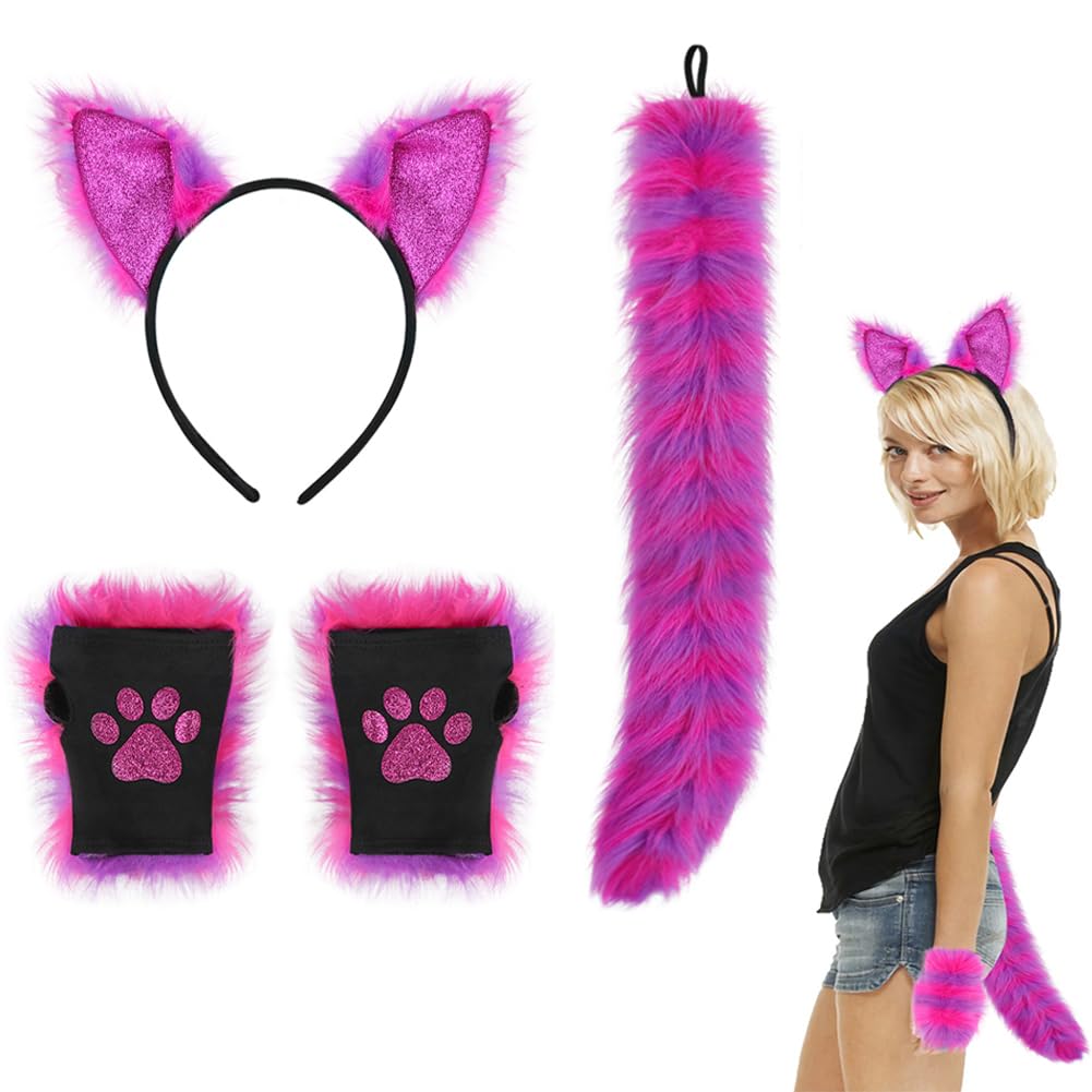 haozaikeji 4 Pieces Plush Halloween Costume Set Faux Cat Ears Headband Tail Claw Gloves Set Furry Cute Animal Costume Bear Gloves for Fancy Dress Up Cosplay Party Accessory - Image 2