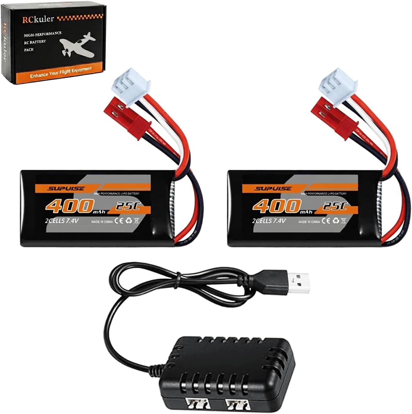 2PCS 7.4V Li-Po 2S 25C 400mAh Rechargeable Battery with 2-Port USB Charger, Compatible with Volantexrc Brushless 500mm RC Plane F4U/P-51D/Spitfire/Trainstar, High-Capacity, Long-Lasting and Convenient