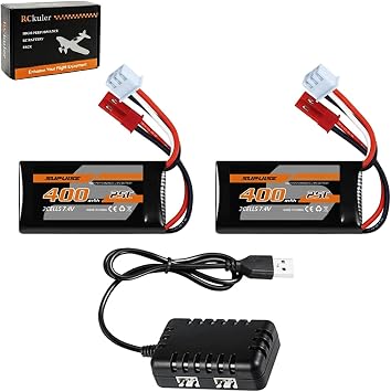2PCS 2S 25C Battery with 2-Port Charger, for Volantexrc Brushless RC Plane | 7.4V 400 mAh Li-Po Rechargeable Battery, Compatible for 500mm RC Airplane F4U/P-51D/Spitfire/Trainstar, Long-Lasting