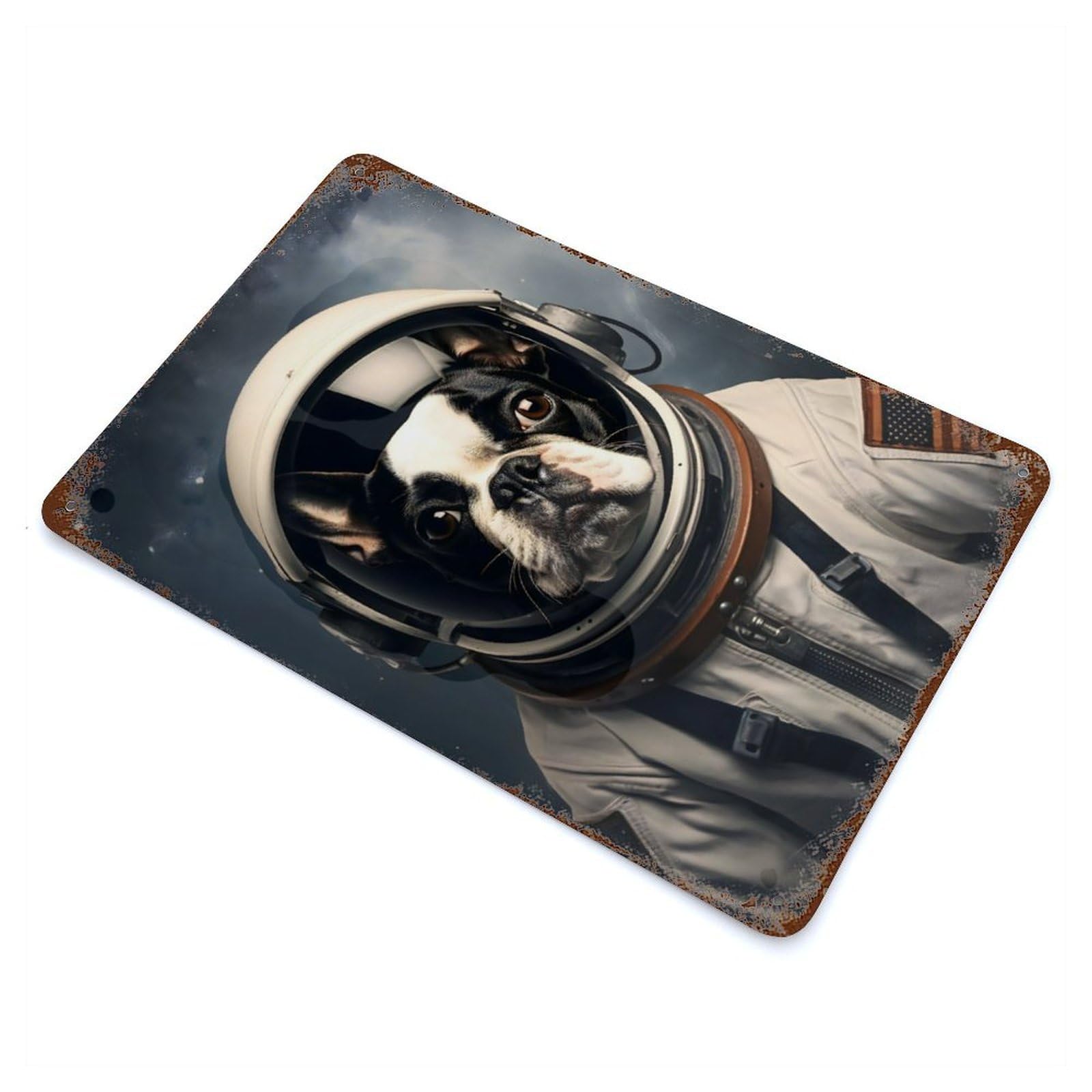 Retro Metal Sign with Boston Terrier Astronaut Design 11.8"x7.9", for Shed, Workshop And Garage Wall Decor, Industrial Home Decor