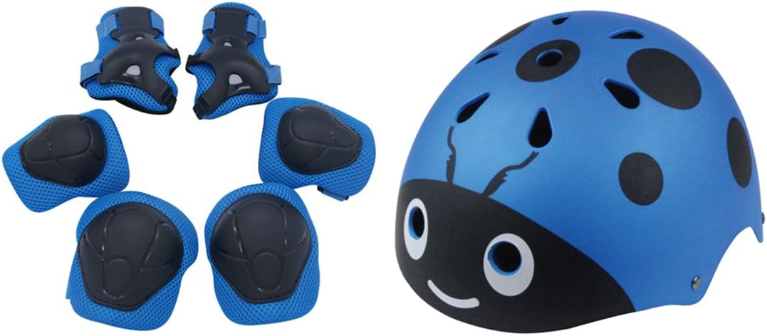 Kids Helmet Set, Lommer 7 Pcs Beetle Design Child Safety Adjustable Helmet with Knee Elbow Wrist Pads for Cycling, Skating, Scooting for Boys and Girls