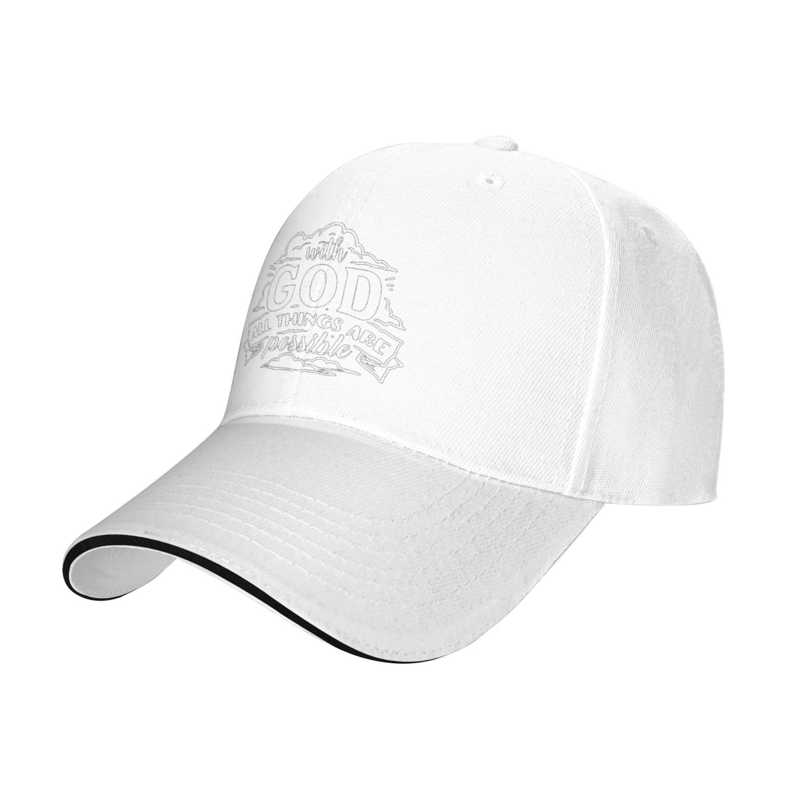 IUBBKI But with God All Things are Possible Adjustable Sandwich Peaked Cap Outdoor Sports Baseball Cap Trucker Cap White