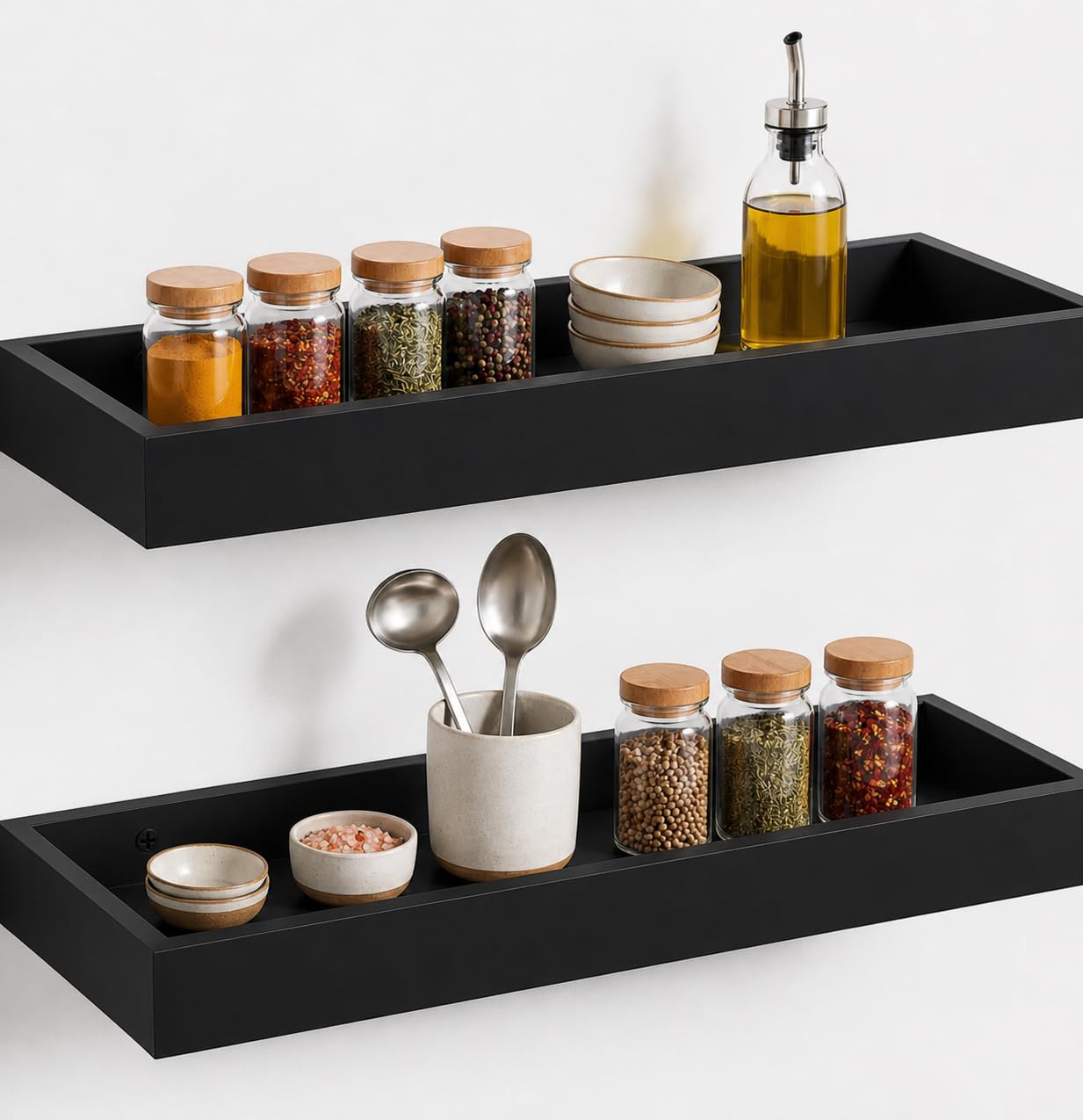 Wooden Wall Shelf for Kitchen & Living Room | Floating Wall Mounted Shelf with Guard Rail | Storage Rack for Spices, Decor & Utility | Set of 2 | Black-image-38