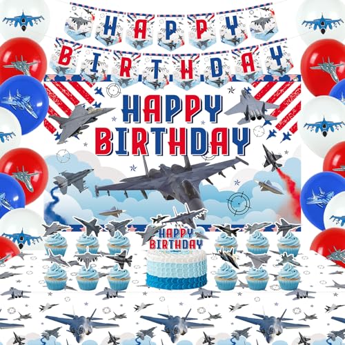 Fighter Jet Birthday Party Decorations Airplane Party Decorations Include Aircraft Banner Backdrop Cake Toppers and Balloons for Air Force Party Supplies