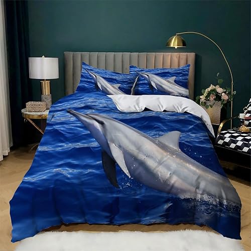 Dolphin Dark Blue Duvet Cover Full Animal Print Bedding Sets Full Soft Microfiber Comforter Cover and 2 Pillow Shams 20"X26", Bed Set Duvet Covers