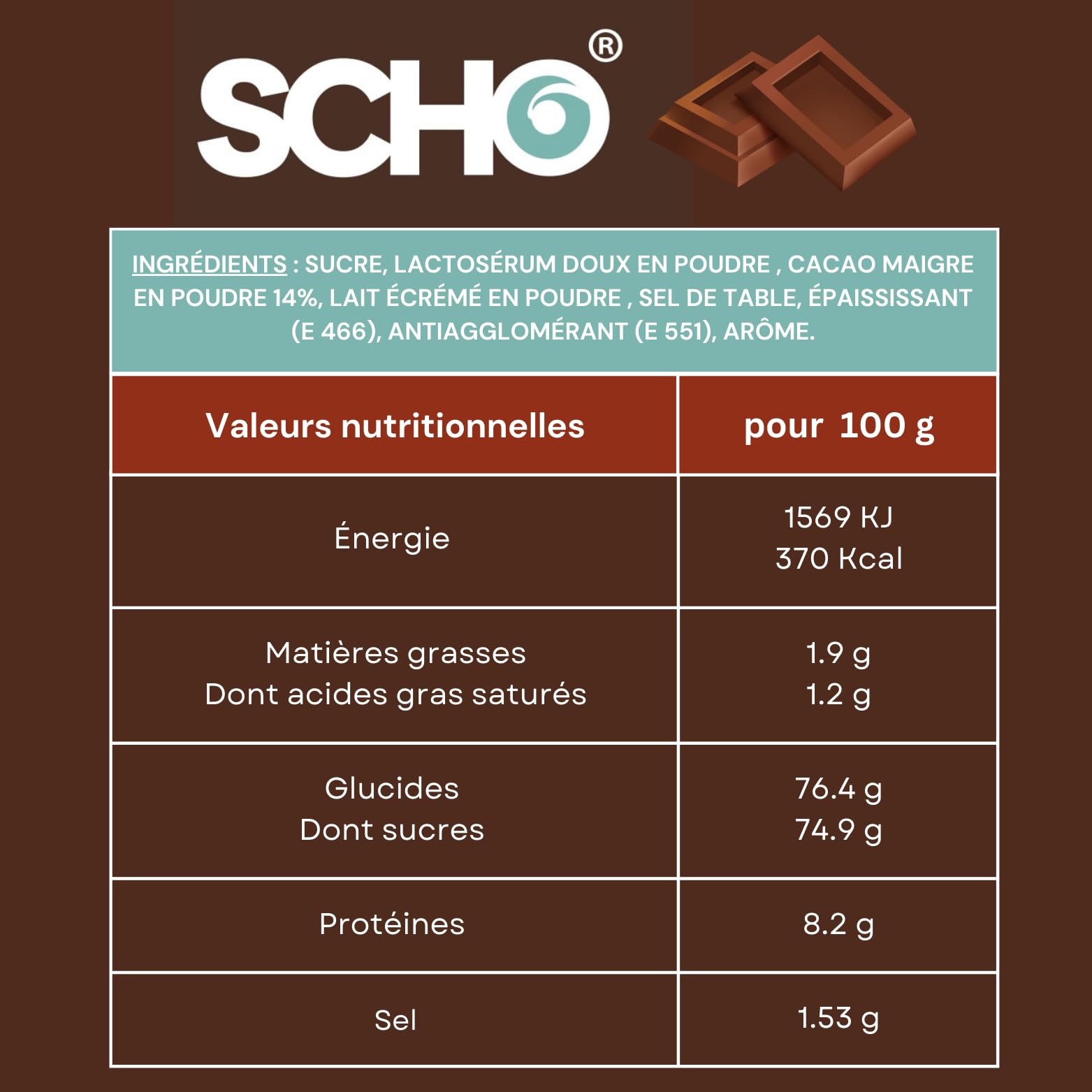 SCHO | Chocolat en Poudre " Choco Rich n°102" | 2x1kg de Poudre Soluble pour Boisson Instantanée