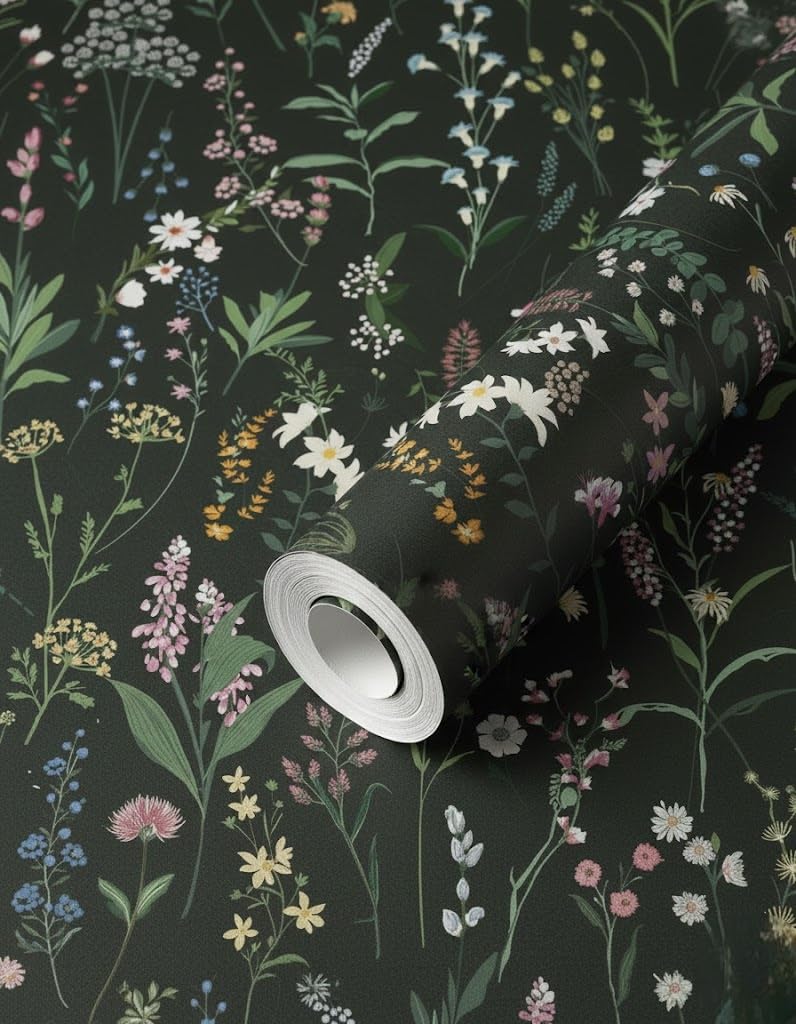 HAPPYMATES Floral Peel and Stick Wallpaper Dark Wild Flowers Paper Farm Flower Wall Paper Self Adhesive Daisy Wall Stick Removable Black Pattern Wall Sticker (24 by 100 inch, Spring Green Flowers)