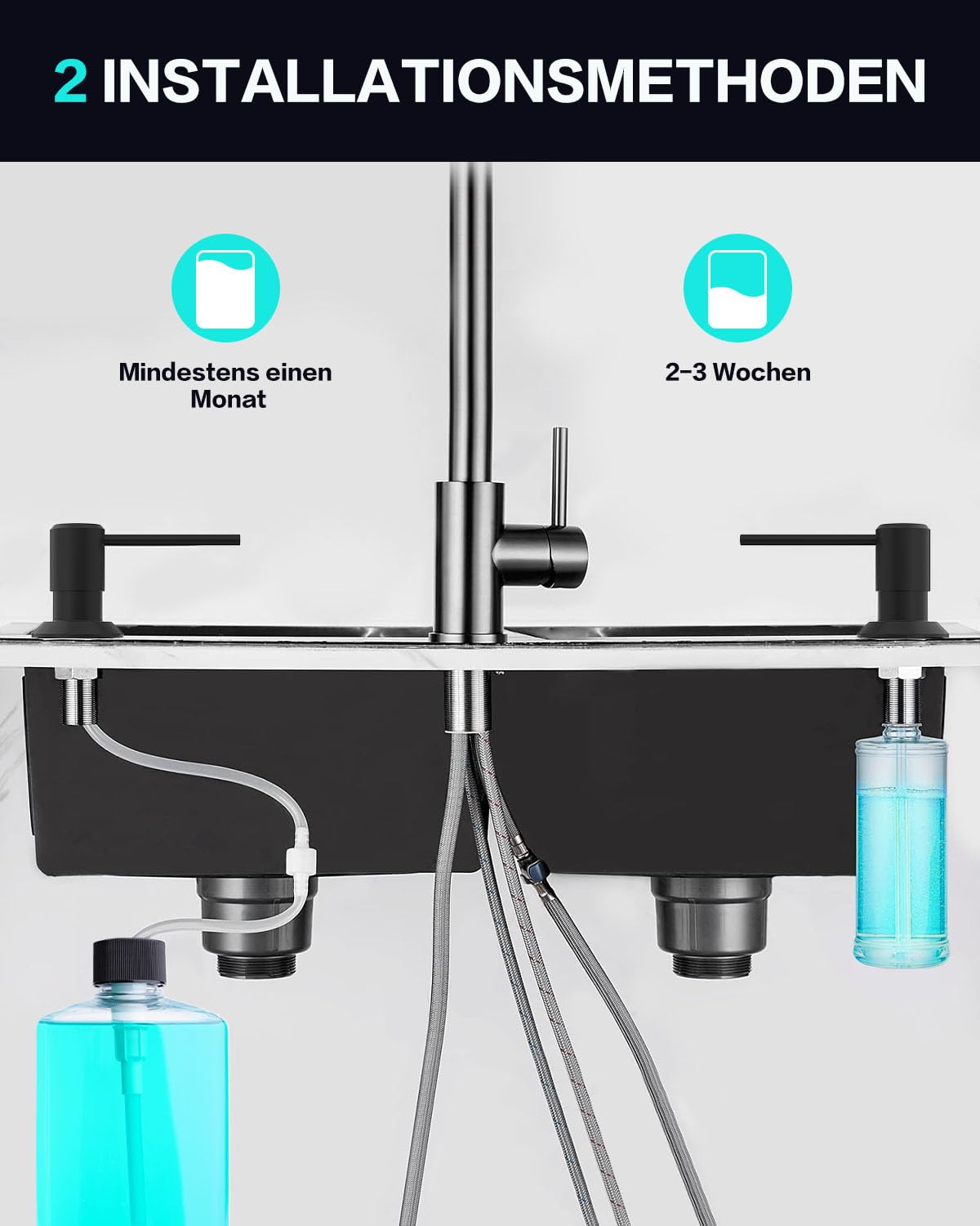 Seifenspender Schwarz Matt, Seifenspender Küche Einbau für Spülbecken, Spülmittelspender Küche mit 300ML Flasche und 1,2 m Schlauch, Seifenspender aus Kupfer, Oben Befüllen, Edelstahlmuttern