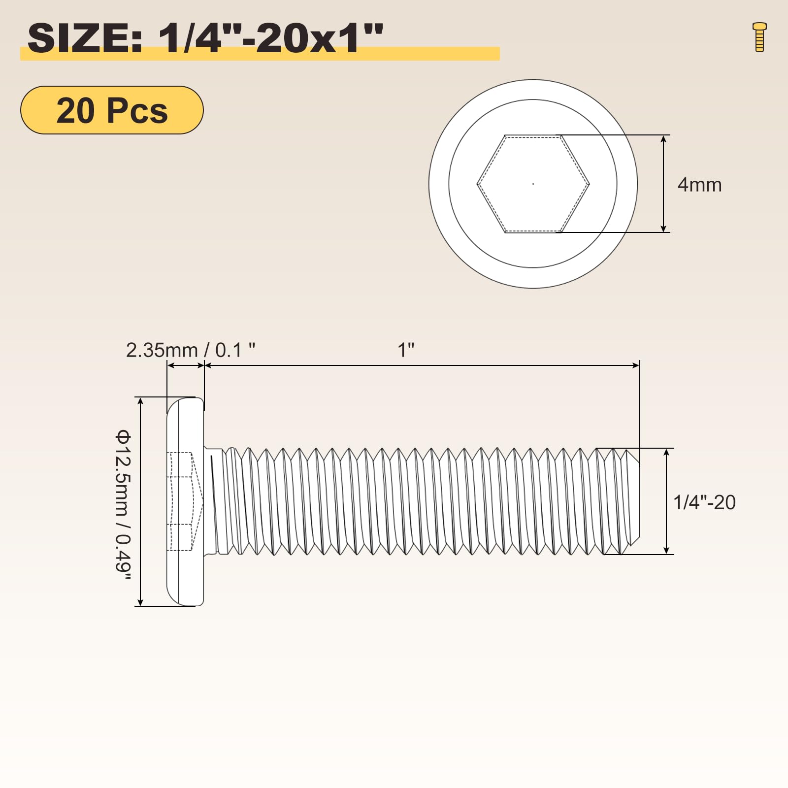 METALLIXITY Flat Head Hex Socket Cap Screws Bolts(1/4"-20x1") 20Pcs, 304 Stainless Steel Hex Socket Furniture Bolts Screws - Image 2