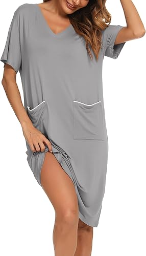 Miniatura 3 de YYA Camisones sueltos para mujer, ropa de dormir de manga corta, cuello en V, con bolsillos, pijama suave, tallas S-3XL