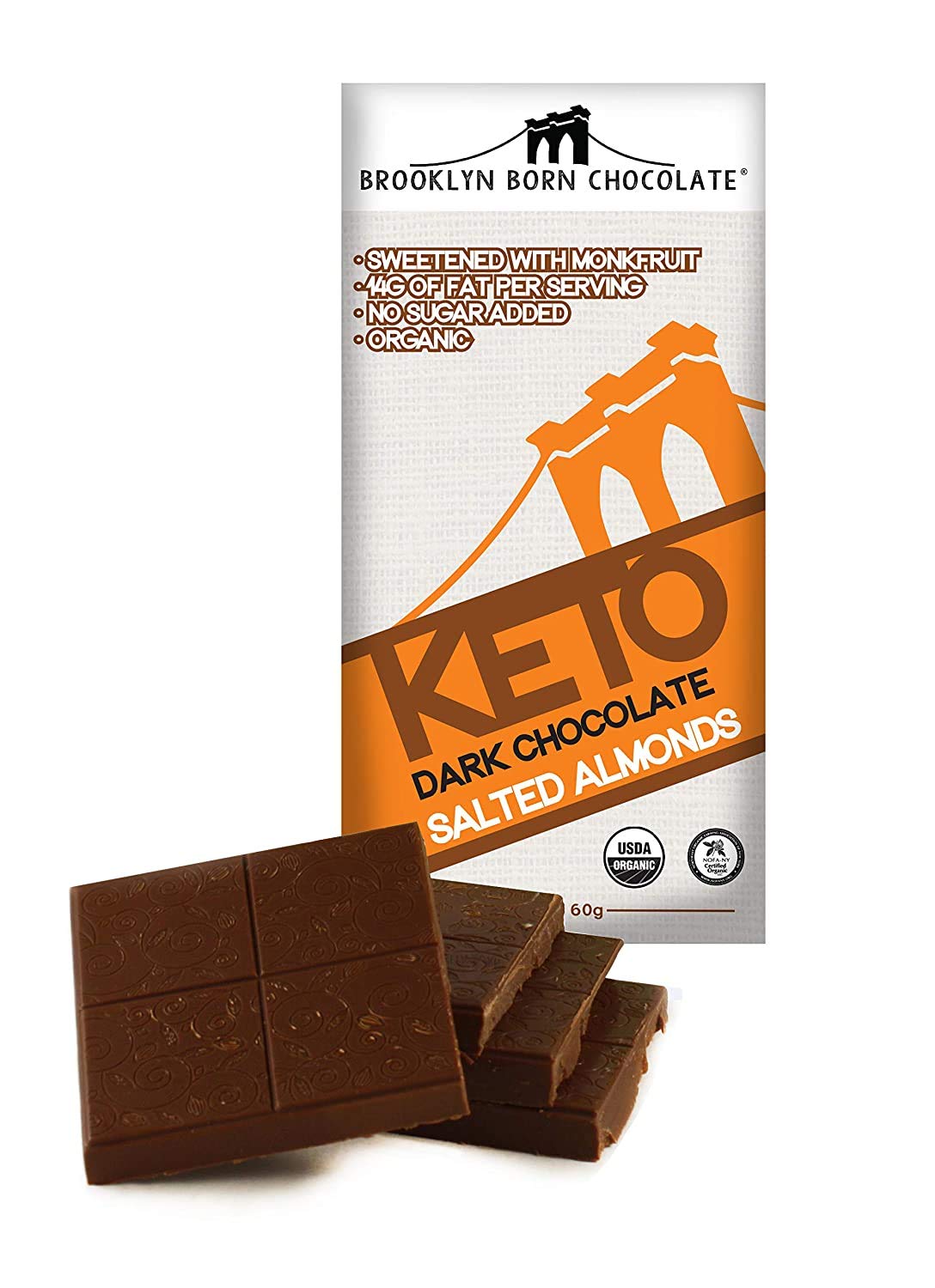 Brooklyn Born KETO Chocolate Bars | 8 Pack Salted Almonds Dark Chocolate | No Sugar Added, Organic, Sweetened with Monkfruit, 3G Net Carbs, 14G of Fat Per Serving | 2.1 Oz Each