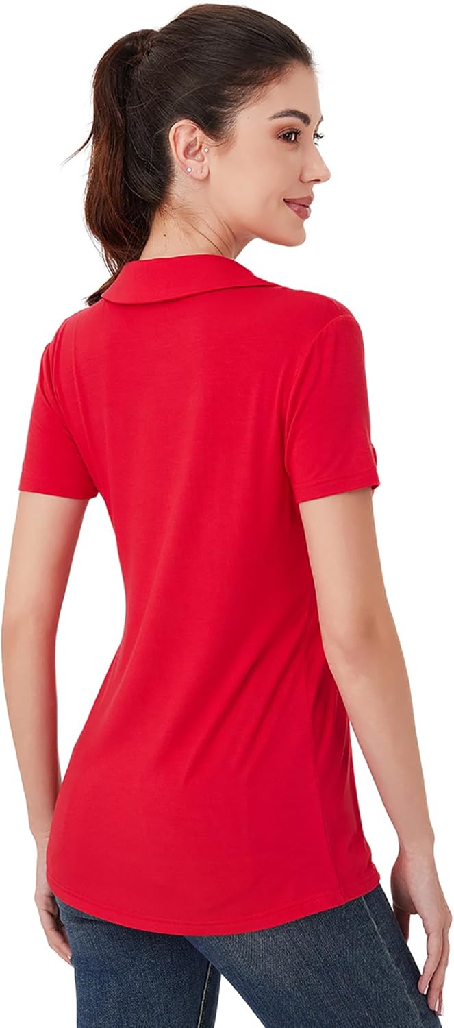 AmélieBoutik Women Short Sleeve Polo Shirts Collared V Neck Summer Basic Tops Fashion 2025 Business Casual Work Blouse - Image 4