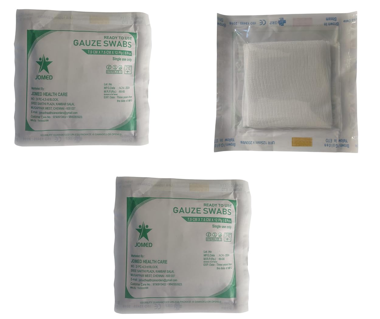 JOMED - Sterile Gauze swabs 7.5cm x7.5cm x 12ply (5pcs per pouch) - 10 pouch