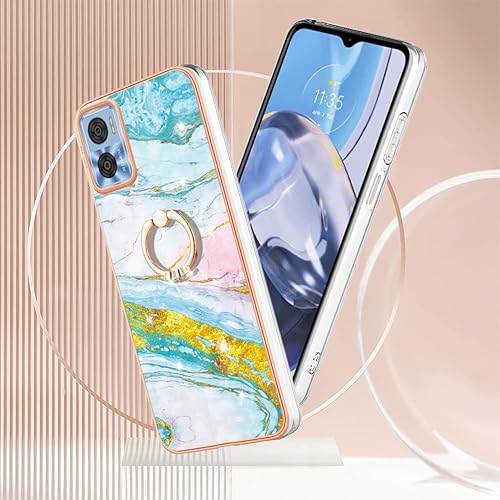 Miniatura 5 de Dinglijia Funda para Moto E22, TPU suave + patrón de mármol IMD brillante anillo para niñas y mujeres, funda de protección de cámara y pantalla para