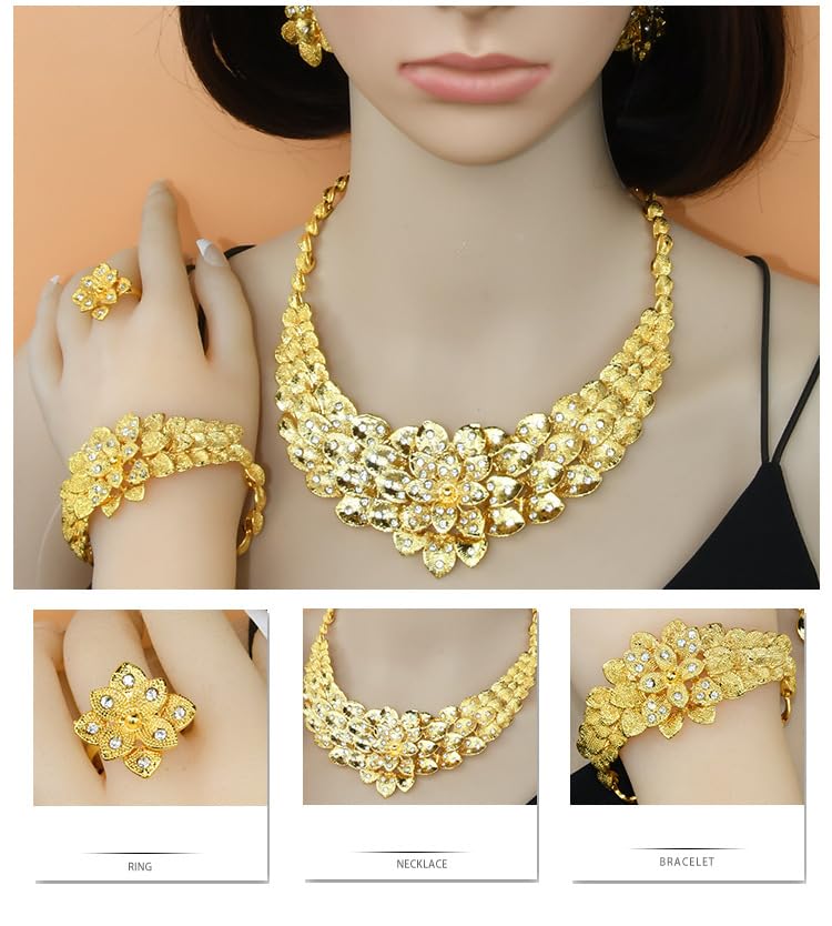 Image of GEHNEY joy of jewels 24k Gold Plated Choker Jewellery Set for Women - Earrings Ring & Bracelet Gold Necklace Set for Women Stylish - Bridal Necklaces for Women Golden with Cubic Zirconia CZ Stones