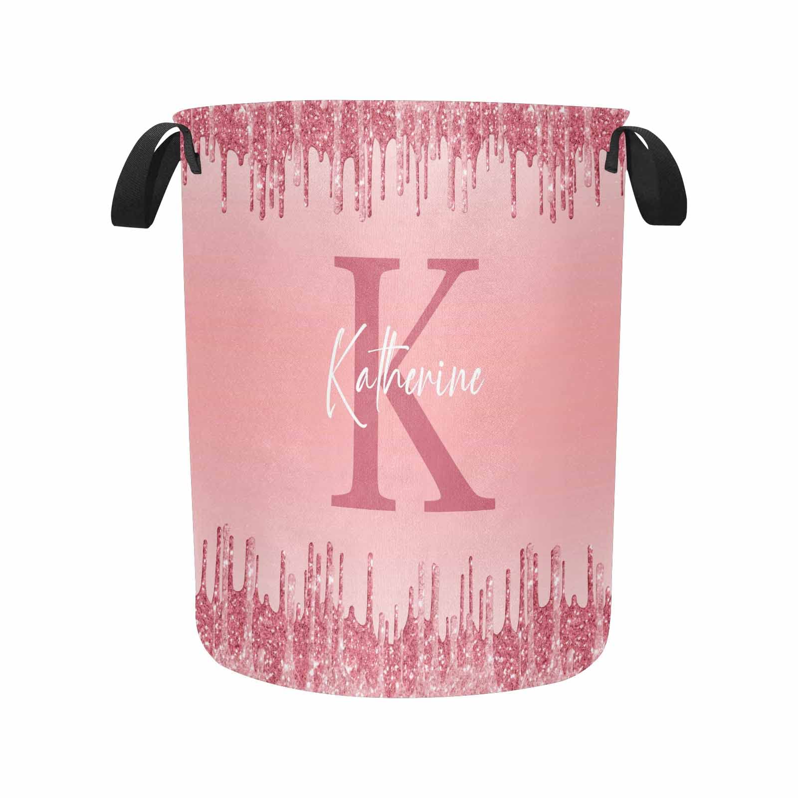 Personalized Initials Name Family Name Laundry Hamper, Collapsible Laundry Basket Bag Pink Oxford Fabric Toy Bin Small Storage Baskets with Handles for Boys Girls