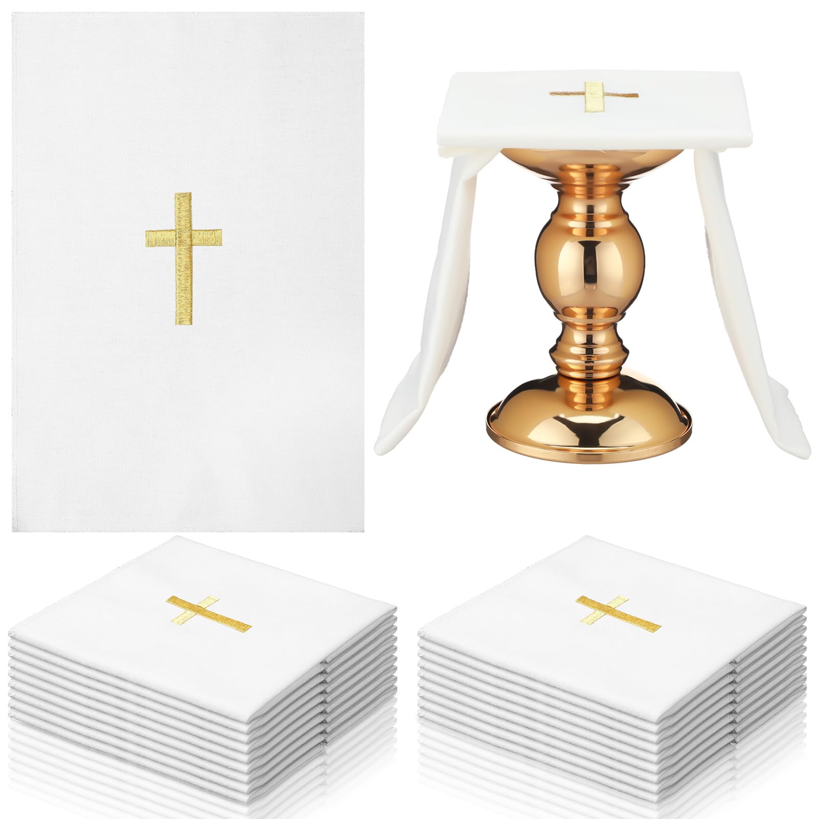 Tegeme 12 Pack of Embroidered Linen Purificator with Gold Cross Center White Linen Altar Cloth Altar Supplies Corporal for Catholic Communion Towel Supplies and Catholic Church Priest