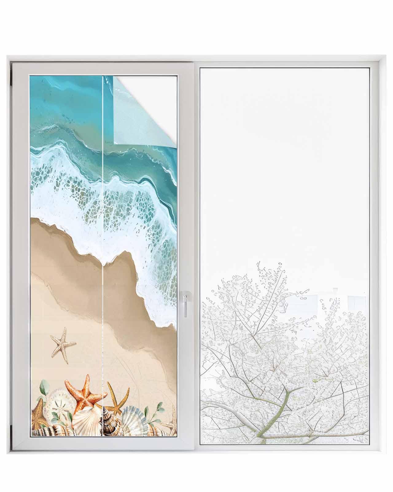 Window Privacy Film, Ocean Beach Spray Window Clings for Glass Windows, Static Cling Window Sticker, Daytime Privacy Bathroom Door Covering, Summer