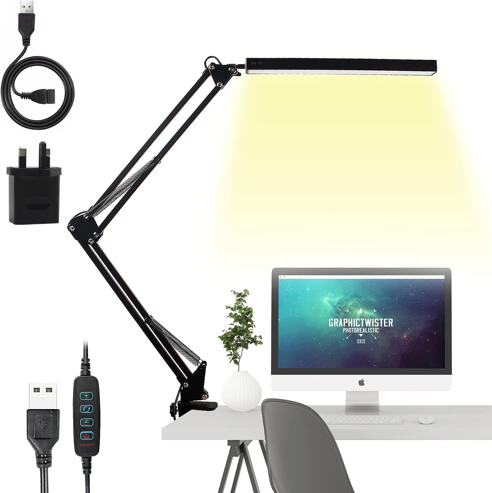 LED Desk Lamp with Clamp, 14W Metal Swing Arm Reading Light, USB Architect Table Lamp, 3 Lighting Modes 10 Dimmable Brightness Eye Caring Daylight Artist Lamp for Office, Study, Work, Bedroom
