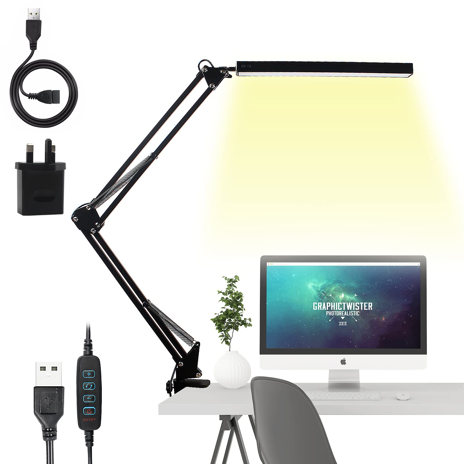 LED Desk Lamp with Clamp, 14W Metal Swing Arm Reading Light, USB Architect Table Lamp, 3 Lighting Modes 10 Dimmable Brightness Eye Caring Daylight Artist Lamp for Office, Study, Work, Bedroom